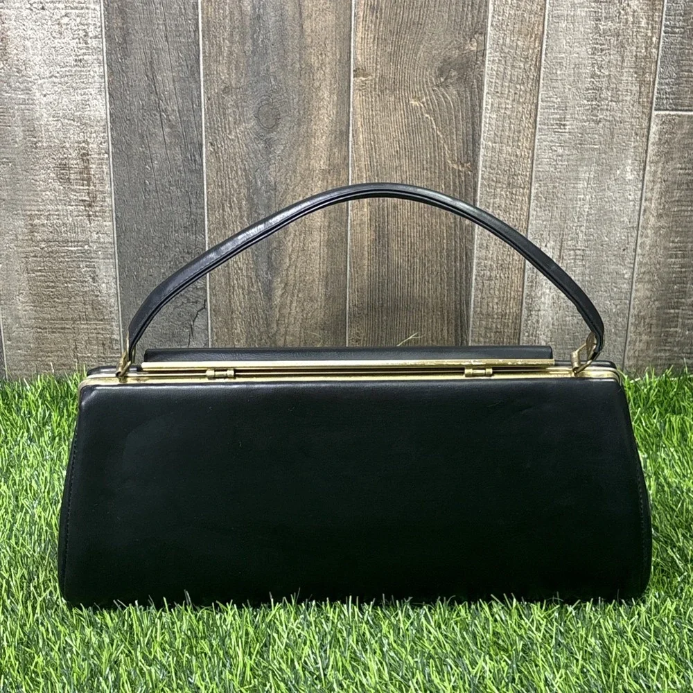 Vtg 50s Black Leather Wrapped Metal Top Handle Bag Gold Frame Clasp Purse